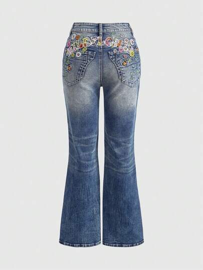 Fairycore Y2K Countryside Style Embroidered Floral Applique Denim Jeans