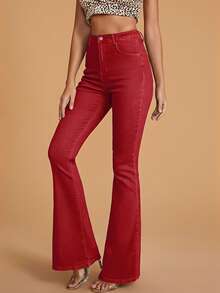 Selenza Women's Street Style Pocketed Flare Leg Jeans - Red - View 4