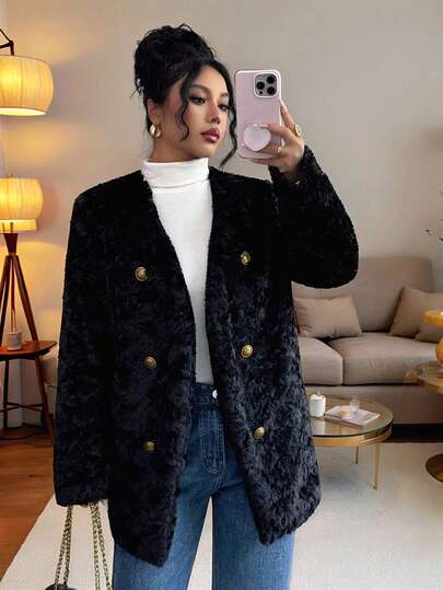 SHEIN Elenzya Elegancki damski płaszcz zimowy, swobodny na co dzień i na imprezę, pluszowy wzór kwiatowy, odpowiedni na Nowy Rok, kolor czarny