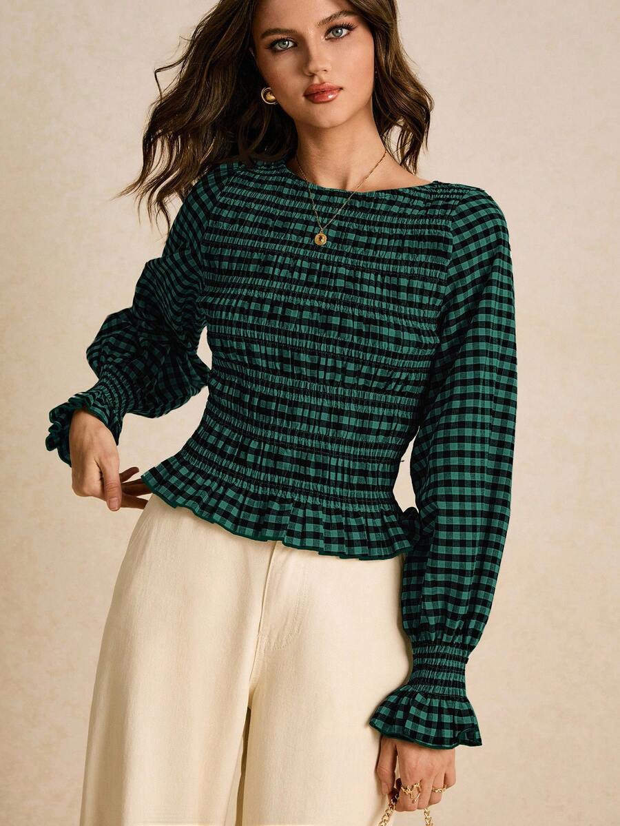 Poéselle Women's Striped Round Neck Long Sleeve Ruffle Hem Fashionable Blouse Green Blouses Plaid Tops Green Tops For Women Puff Sleeve Tops - Dark Green - View 1