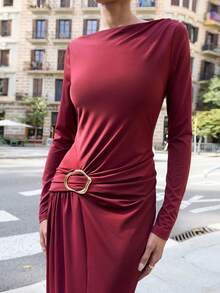 Maija Women's Solid Color Boat Neck Long Sleeve Ruched Metal Decor Fashionable Dress Christmas Outfit For Women New Year Clothes  Elegant Party Dresses  Elegant Dresses For Women   Red Dress Holiday Outfits  Red Dress For Women - Burgundy - View 7