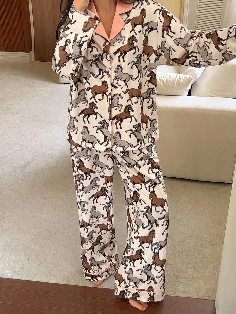 Animal Print Contrast Color Patchwork Women Pajama Set
