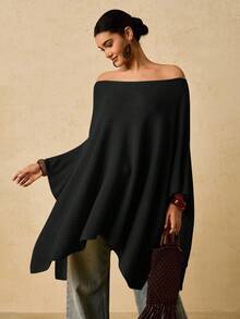 Travachic Lässiger Oversized Off-Shoulder Loser Weißer Poncho Pullover für Damen, Herbst/Winter - Schwarz - Übersicht 1