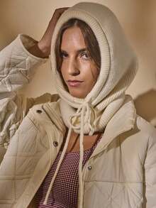 Aralina 1pc Stylish Face Mask Neck Gaiter Winter Hats For Women Unisex Knitted Hooded Beanie Men Women Drawstring One Piece Hat Thermal Balaclava - Beige - View 1