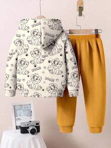 SHEIN 2件套年轻男童卡通狮子图案宽松休闲舒适长袖连帽卫衣套装 - 彩色 - 查看 3