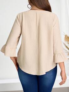 EMERY ROSE 大码女式休闲日常通勤简约纯色荷叶边袖宽松衬衫，春夏秋季 - 卡其色 - 查看 2