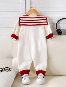 SHEIN Unisex Baby Cute Navy Striped Long Sleeve Sweater Romper, Autumn/Winter - Red - View 7