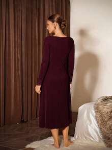 Slumberist 女士长袖针织蕾丝边睡裙，冬季款 - 酒紅色 - 查看 2