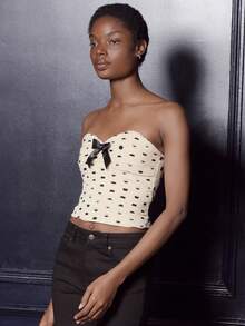 lacRébo Áo Bustier chấm bi không dây có chi tiết nơ đen phong cách cổ điển dễ thương cho bữa tiệc tối - Nhiều màu - Xem 3