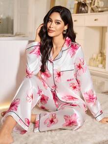 LuxeNights Conjunto de pijama de cárdigan con cuello de solapa y pantalones de seda sintética con estampado floral - Multicolor - Ver 6