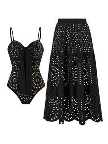 Swim Oasis V-Neck Caramel Brown Hollow Out One-Piece Swimsuit For Women - Black - View 3