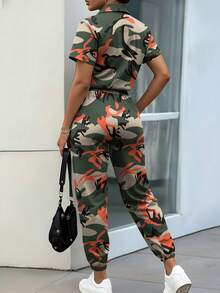 SHEIN LUNE Women's Casual Shirt Collar Elastic Cinched Waist Decor Camouflage Print Long Jumpsuit, Spring/Summer