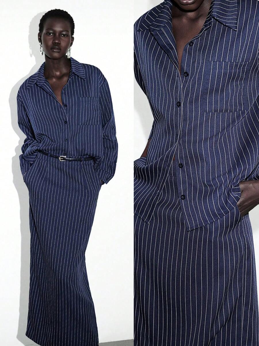 Lumivelle 2pcs Women's Elegant Navy Blue Striped Shirt And Skirt Set, High-Quality For Daily Commute Navy Blue Outfit Women Shirt Suits Shirt Dresses Long Shirts - Navy Blue - View 1