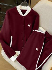 Resyla 女士撞色外套阔腿休闲运动裤两件套，秋季款 - 酒紅色 - 查看 3