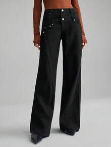 Ontre 女士秋冬休闲宽松直筒牛仔裤，带口袋，百搭实用，适合都市通勤，简约时尚。 - 黑色 - 查看 7