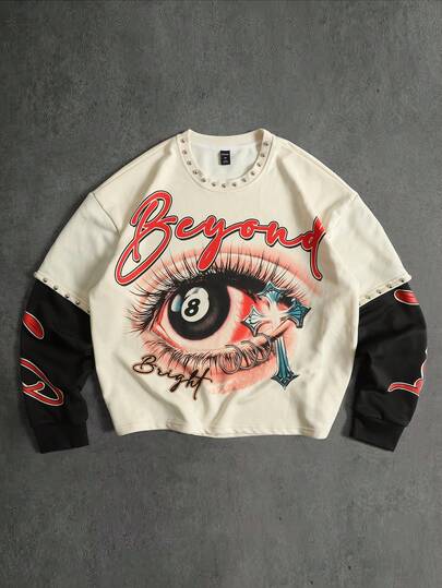 Street Life Camiseta casual de hombre con estampado de ojo y bloques de color, otoño