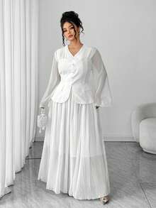 Elenzga Plus Size Women Solid Color Single-Breasted Flare Sleeve Jacket And Midi Skirt Elegant Suit - White - View 4