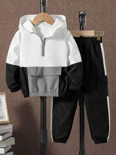 SHEIN Explorewe 2pcs/Set Young Boy Contrast Color Block Long Sleeve Half-Zip Hooded Casual Outfit Hodddie