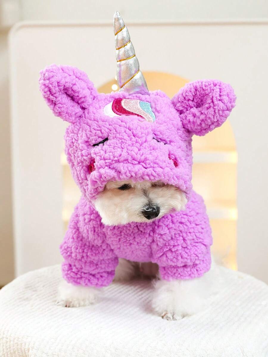 PETSIN 1 bộ quần áo cho chó mèo thú cưng đa năng, trang phục biến hình hoạt hình kỳ lân tím dễ thương, áo nỉ trùm đầu ấm áp cho mùa thu đông - Màu tím - Xem 1