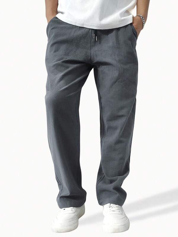 Manfinity Homme Men's Loose Solid Color Drawstring Waist Straight Leg Pants Men Linen Pant Mens Straight Leg Sweatpants Men Drawstring Pants Pants For Men Straight Loose Grey Pants For Men