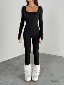SHEIN Tall Women's Winter Streetwear Athleisure Ski Wear Warm/ Cold Weather/ Thermal Stretchy Comfortable Black Slim Fit Long Sleeve Square Neck Long Thermal Lined Romper,Fall Long Sleeve Jumpsuit Bodycon Jumpsuit - Black - View 11