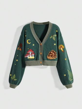 Fairycore Vintage Damen V-Ausschnitt Knopfleiste Langarm Pilz, Pflanze, Mond & Stern bestickte Strickjacke