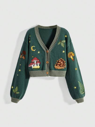 Fairycore Cárdigan de mujer vintage con cuello en V, abotonado, de manga larga, con bordados de setas, plantas, luna y estrellas