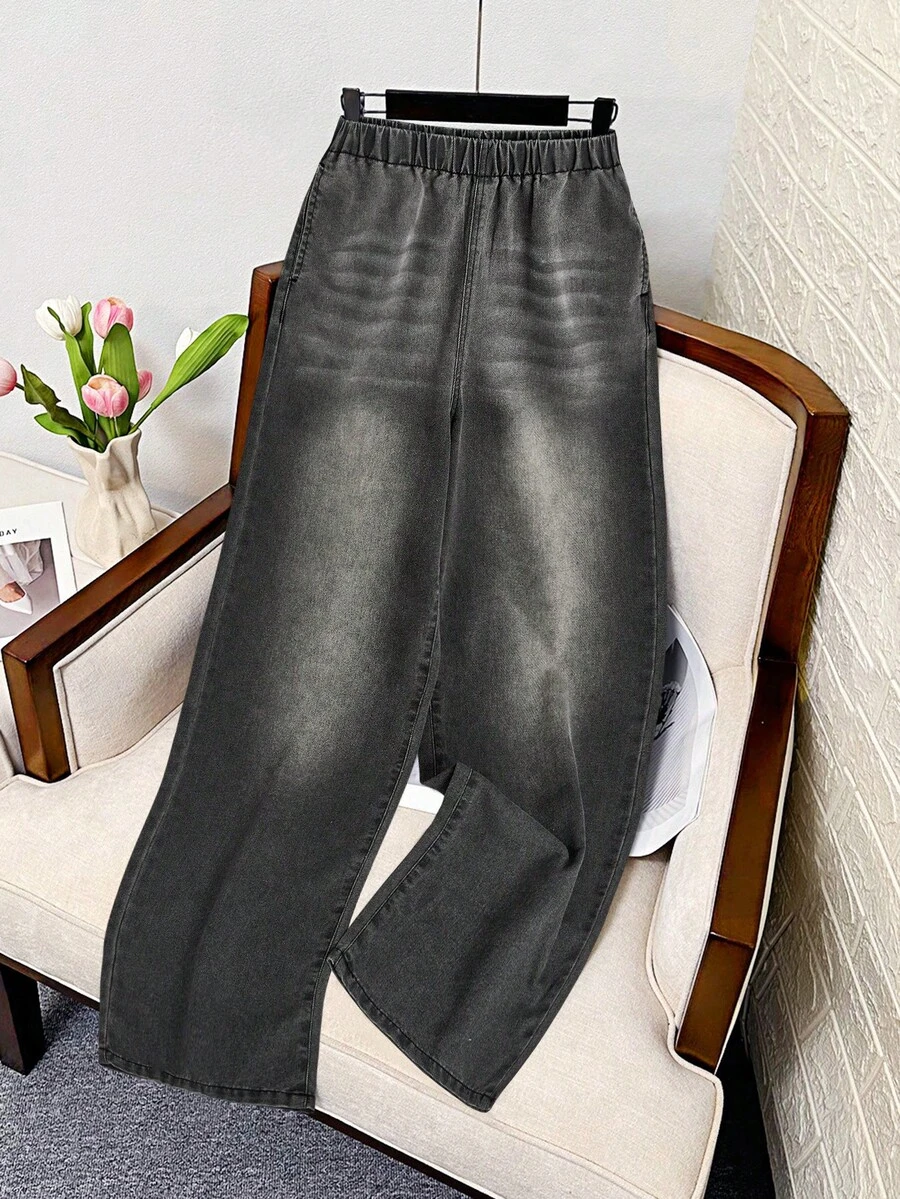 SHEIN 少女水洗休闲柔软轻盈弹力腰部牛仔裤,春夏款 - 灰色 - 查看 1