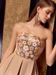 MOTF Soiréza WOMEN'S SEQUIN BODICE FLORAL PATTERN ASYMMETRIC RUFFLE HEM STRAPLESS COCKTAIL DRESS - Yellow - View 7