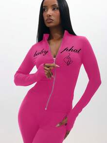 BABYPHAT Long Sleeve Zip Up Top With Text Print And Full Length Wide Leg Design - Hot Pink - View 8