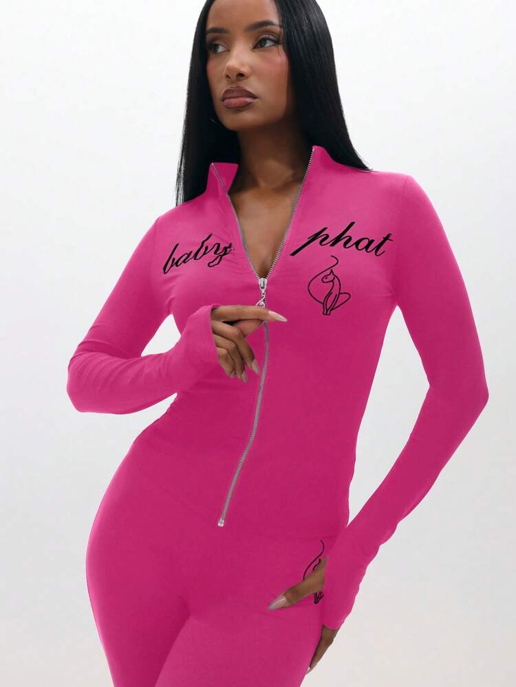 BABYPHAT テキストプリント入り ロングスリーブ ジップアップ トップ ワイドレッグ デザイン
