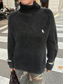 SHEIN EZwear Áo len cổ lọ xẻ tà cỡ lớn, thường ngày, thu/đông - màu đen - Xem 6