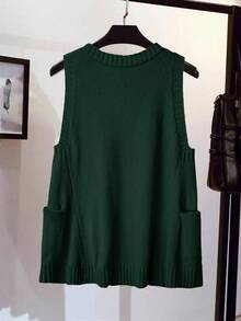 SHEIN LUNE Nueva Top de Chaleco de Punto de unicolor, Estilo Minimalista Europeo, Versátil y de Moda - Verde Oscuro - Ver 2