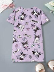 HELLO KITTY AND FRIENDS | SHEIN Young Girl Summer Casual Cute Cartoon & Letter Graphic Short Sleeve Dress - White - View 4