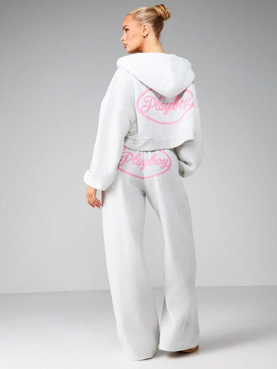 Missguided x Playboy Pantalon de jogging ample à cordon de serrage pour femmes, vêtements de détente casual avec imprimé logo, pantalon confortable pour tous les jours - Gris - Voir 1