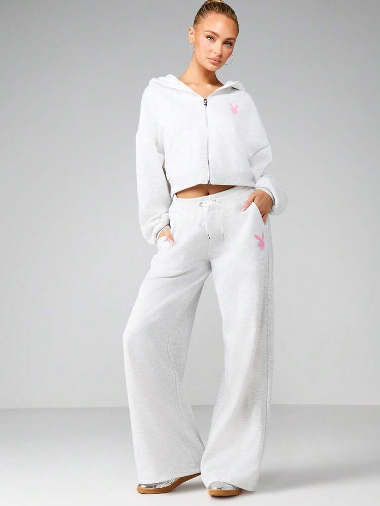 Missguided x Playboy Pantalones de chándal de pierna ancha con cordón para mujer, ropa de estar por casa informal con estampado de logo, pantalones cómodos para uso diario