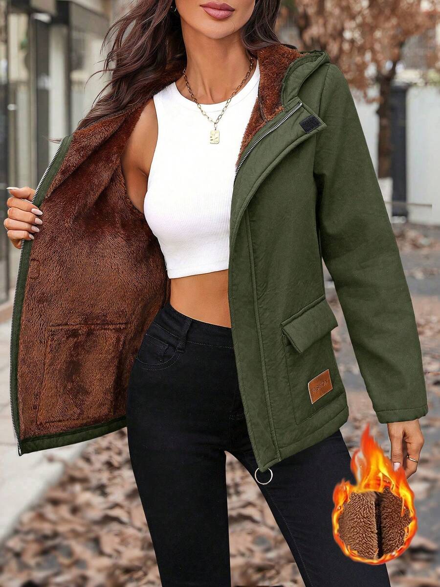 SHEIN LUNE Áo hoodie lót nhiệt màu trơn có túi dành cho nữ, dáng ôm vừa vặn, thường ngày, thu/đông - màu xanh lá - Xem 1
