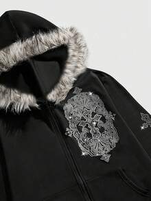 ROMWE MEN Street Life Teen Boy Rhinestone Cross Graphic Zip-Up Sweatshirt With Fur Collar - Black - View 4