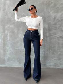 SHEIN Plus Hight Waist Snow Wash Flare Jean - Dark Wash - View 4