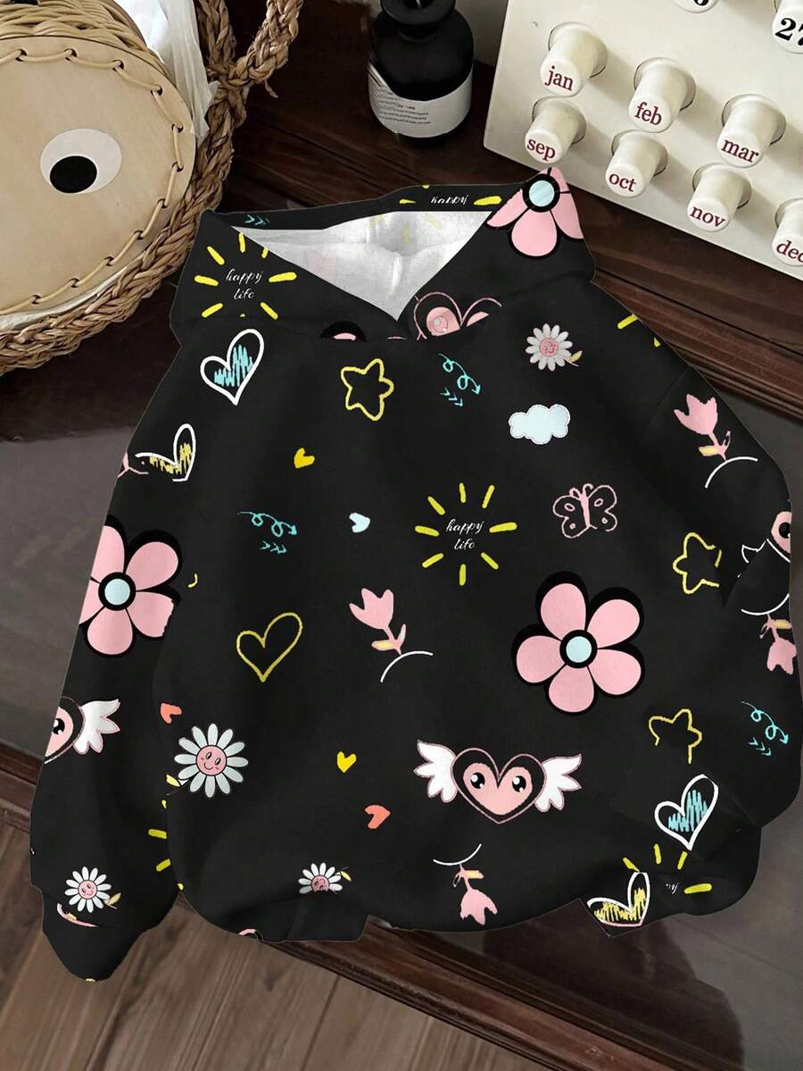 SHEIN Leap Crew 黑白粉配色,甜美涂鸦脸、爱心、花卉图案,复古可爱,少女休闲宽松舒适卫衣,适合秋冬季节,休闲校园风、运动风、户外风、街头风、居家风、校园风。 - 彩色 - 查看 1