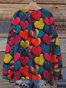EMERY ROSE Plus Size Heart Pattern Crew Neck Sweater, Casual For Autumn/Winter, Suitable For Valentine's Day - Red - View 2