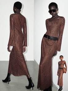 SHEIN LUNE Elegantes, modisches und sexy Damen-Kleid mit V-Ausschnitt, figurbetonter Passform, Leopard Muster und weiten Ärmeln - Rostbraun - Übersicht 9