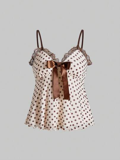 Kawaii Camiseta de tirantes elegante de mujer con estampado de lunares y adorno de lazo con encaje, para verano