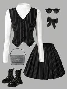 三件套女童学院风正式套装 | 黑白竖条纹图案 | 无袖纽扣背心 + 长袖罗纹高领上衣 + 百褶A字迷你裙 | 轻盈透气面料 | 时尚协调的校服套装 | 适合学术活动、演出和日常休闲穿着 | 春秋季百搭儿童衣橱套装 - 黑色 - 查看 6