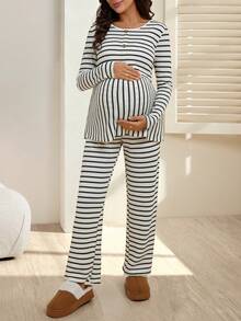 SHEIN 2pcs/Set Nursing Crew Neck A-Line Buttoned Front Lift Up Functional Top, Bowknot Front Wide Leg Pants, Maternity Set