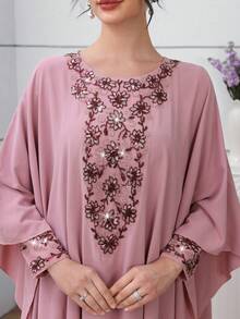 Al Najma Women's Loose Fit Beaded Collar Floral Long Robe Dress, Pink - Pink - View 2