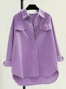 SHEIN LUNE 大码常规灯芯绒长袖宽松衬衫 - 紫色 - 查看 3