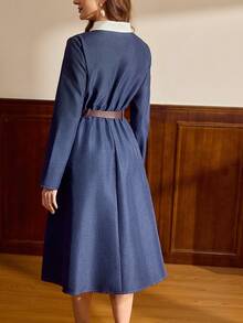 Vintamour Vintage Elegant Women's Dress With Pockets, Waist Belt, Contrast Buttons, Casual Commute Holiday Dress Navy Blue School - Blue - View 7