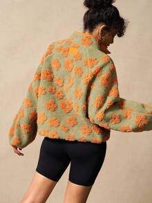 VARSIVA Women's Floral Pattern Raglan Sleeve Zip Front Loose Outdoor Fleece Jacket, Autumn/Winter 70s, Suitable For Fall Winter, Casual Gym Yoga Outdoor Holiday Vacation