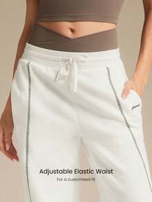 GLOWMODE 日常抓绒喇叭裤，柔软保暖，撞色缝线，侧边口袋，可调节抽绳腰带，修身微喇叭裤腿运动裤，秋冬户外日常休闲穿着 - 白色 - 查看 4